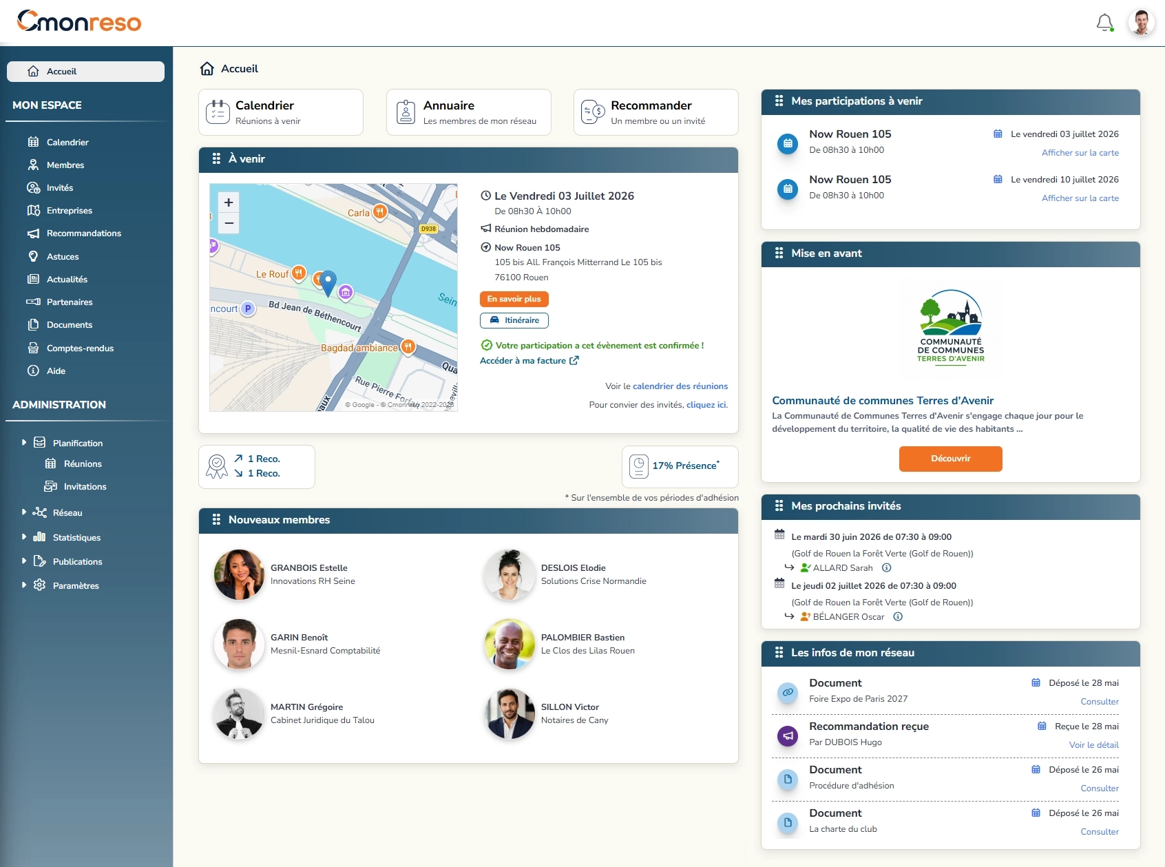Tableau de bord Cmonreso : accueil avec calendrier, annuaire, événements à venir, nouveaux membres et actualités du réseau