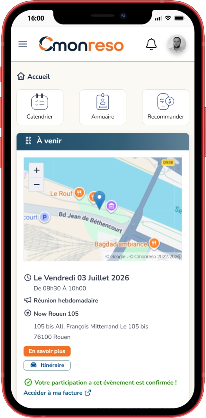 Application Cmonreso — écran d'accueil avec calendrier, annuaire et événements